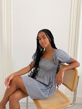 Hill House Athena Nap Dress Gray Plaid Smocked Puff Sleeve Babydoll Dress XS